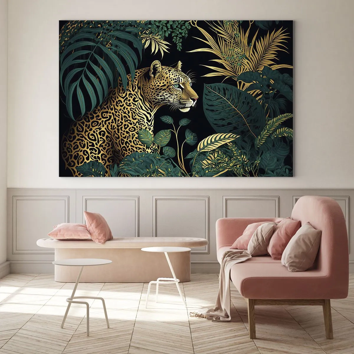Glastavla - Bild på glas - En leopard bland tropiska löv på en mörk bakgrund - 70x50cm - Värden i djungeln - Modern väggdekoration för vardagsrum och sovrum ARTTOR