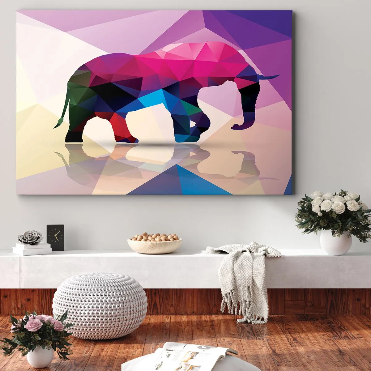 Canvastavla - Bild på duk - Geometrisk silhuett av en elefant i livfulla färger - 70x50cm - Kristalldinosaurie - Modern väggdekoration för vardagsrum och sovrum ARTTOR