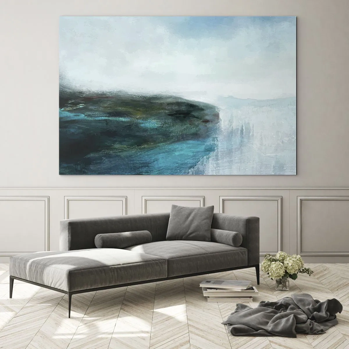 Glastavla - Bild på glas - Abstrakt vattenlandskap med dominerande blå och vita färger - 70x50cm - Marin abstraktion - Modern väggdekoration för vardagsrum och sovrum ARTTOR