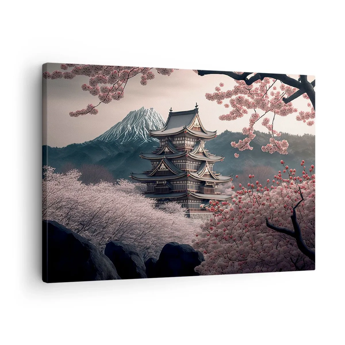 Canvastavla - Bild på duk - Ett japanskt tempel omgivet av körsbärsblommor och berg - 70x50cm - Ett land av blommande körsbär - Modern väggdekoration för vardagsrum och sovrum ARTTOR