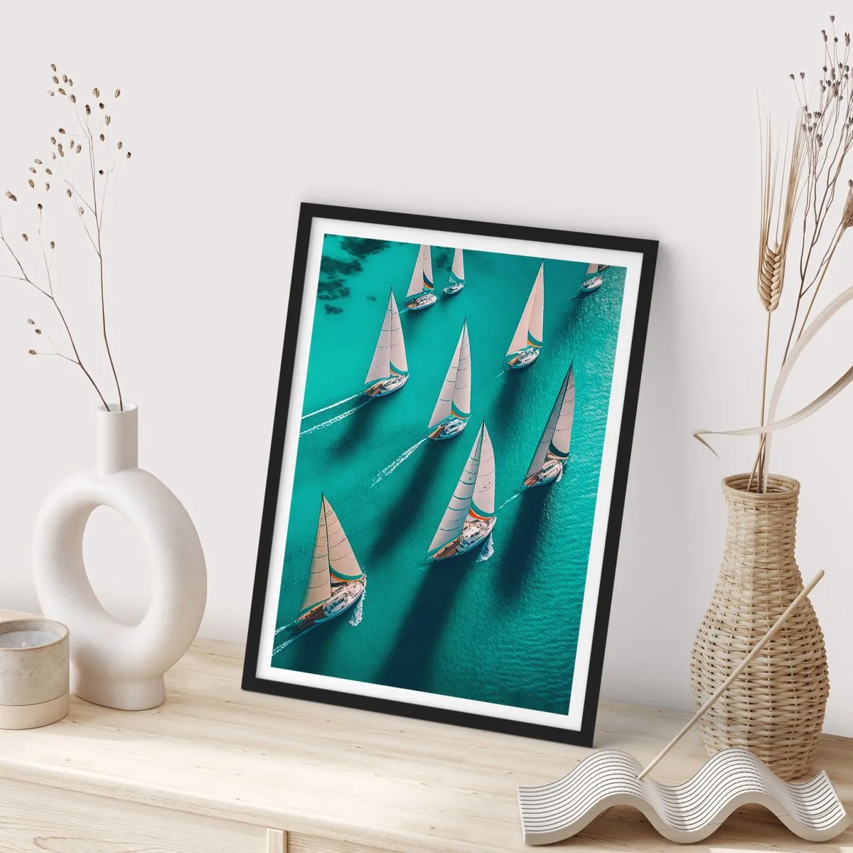 Affisch i svart ram - Seglingsregatta på turkost vatten - 50x70cm - Tävla med vinden - Modern väggdekoration för vardagsrum och sovrum ARTTOR