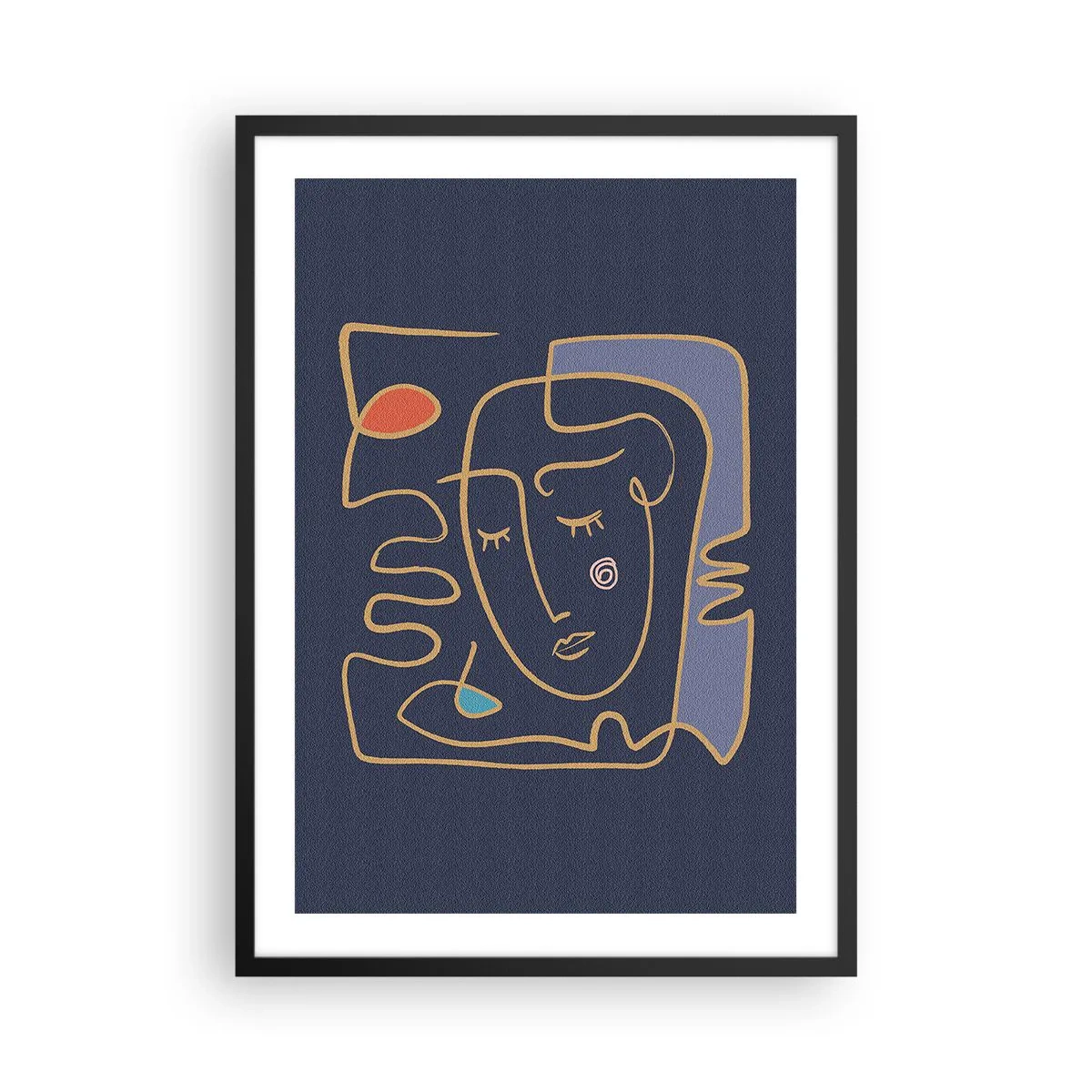 Affisch i svart ram - Minimalistiskt abstrakt ansikte på en marinblå bakgrund i linjekonststil - 50x70cm - I drömmarnas värld - Modern väggdekoration för vardagsrum och sovrum ARTTOR