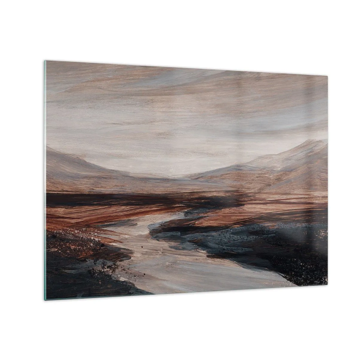 Glastavla - Bild på glas - En pittoresk dal med en flod i nyanser av brunt och blått - 70x50cm - Fridfull dal - Modern väggdekoration för vardagsrum och sovrum ARTTOR