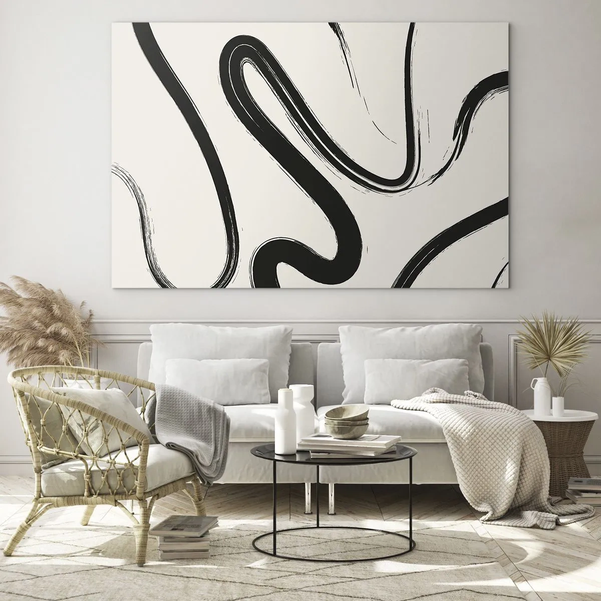 Glastavla - Bild på glas - Dynamiska svarta linjer mot en ljus bakgrund i abstrakt stil. - 70x50cm - Svart och vit elegans - Modern väggdekoration för vardagsrum och sovrum ARTTOR