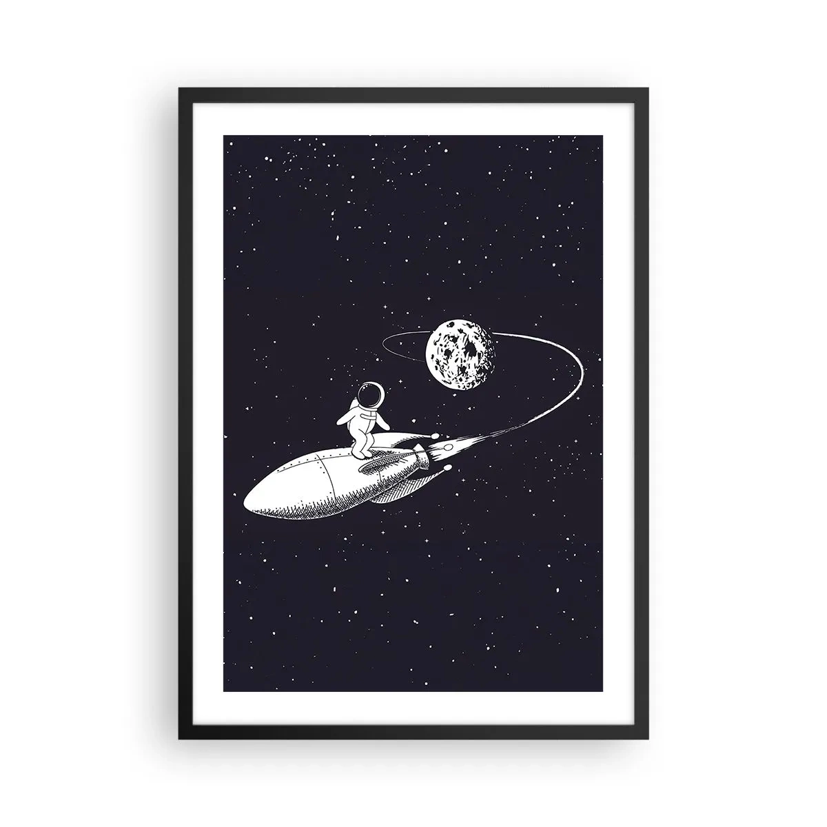 Affisch i svart ram - En astronaut som står på en raket som flyger i rymden - 50x70cm - Rymdsurfare - Modern väggdekoration för vardagsrum och sovrum ARTTOR