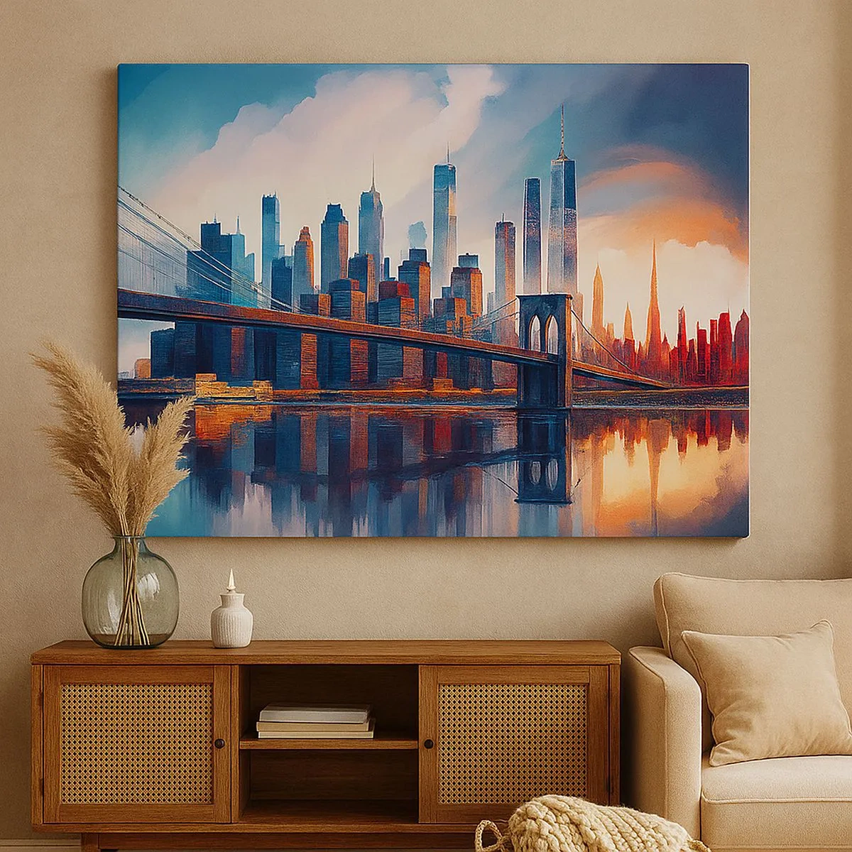 Canvastavla - Bild på duk - New York City-panorama med bro och reflektion i vatten - 70x50cm - Fenomenala New York - Modern väggdekoration för vardagsrum och sovrum ARTTOR