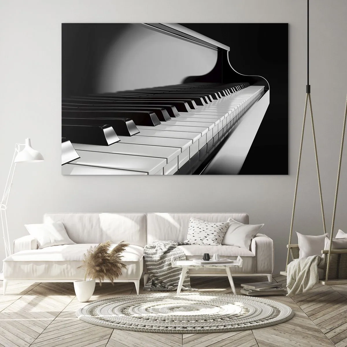 Glastavla - Bild på glas - Svartvitt piano keyboard i perspektiv - 70x50cm - Harmoni av former och färger - Modern väggdekoration för vardagsrum och sovrum ARTTOR