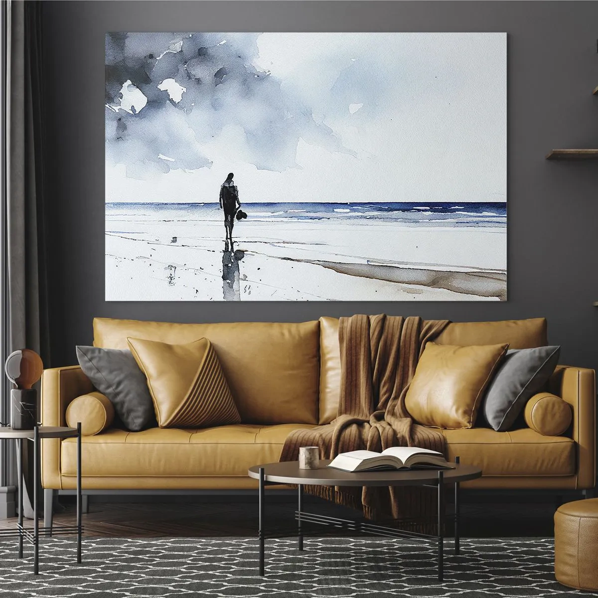 Glastavla - Bild på glas - Silhuett av en person på stranden i delikat akvarell - 70x50cm - Samtal med havet - Modern väggdekoration för vardagsrum och sovrum ARTTOR