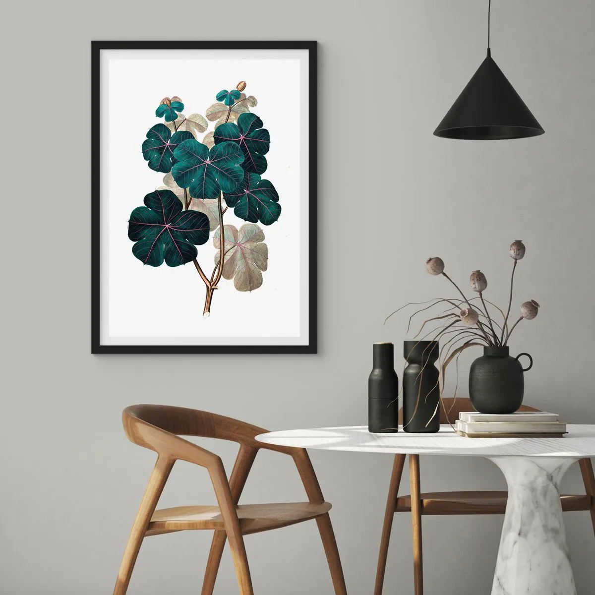 Affisch i svart ram - Botanisk illustration med mörkgröna blad på en ljus bakgrund - 50x70cm - Från ett gammalt herbarium - Modern väggdekoration för vardagsrum och sovrum ARTTOR