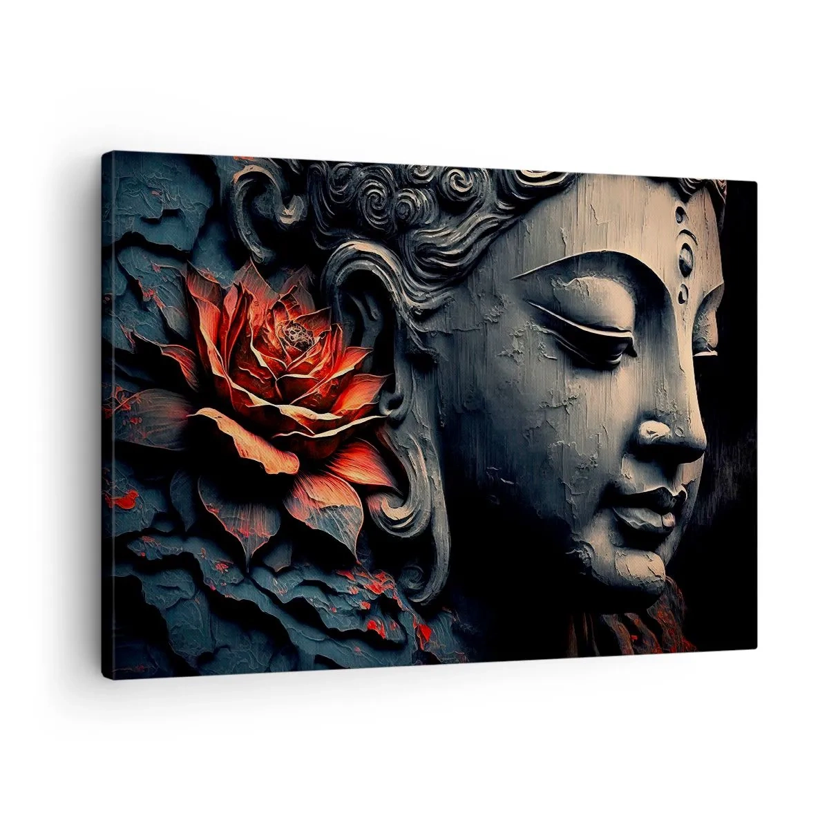 Canvastavla - Bild på duk - Buddhaskulptur med en röd lotusblomma - 70x50cm - I samklang med världen - Modern väggdekoration för vardagsrum och sovrum ARTTOR