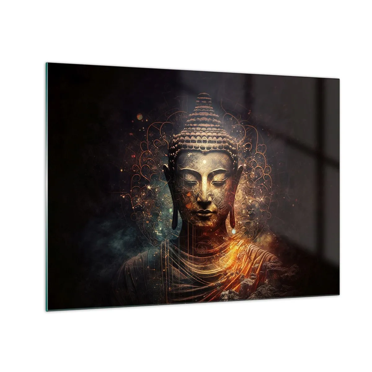 Glastavla - Bild på glas - En gyllene figur av Buddha på en mörk bakgrund med ornament - 70x50cm - Andlig balans - Modern väggdekoration för vardagsrum och sovrum ARTTOR