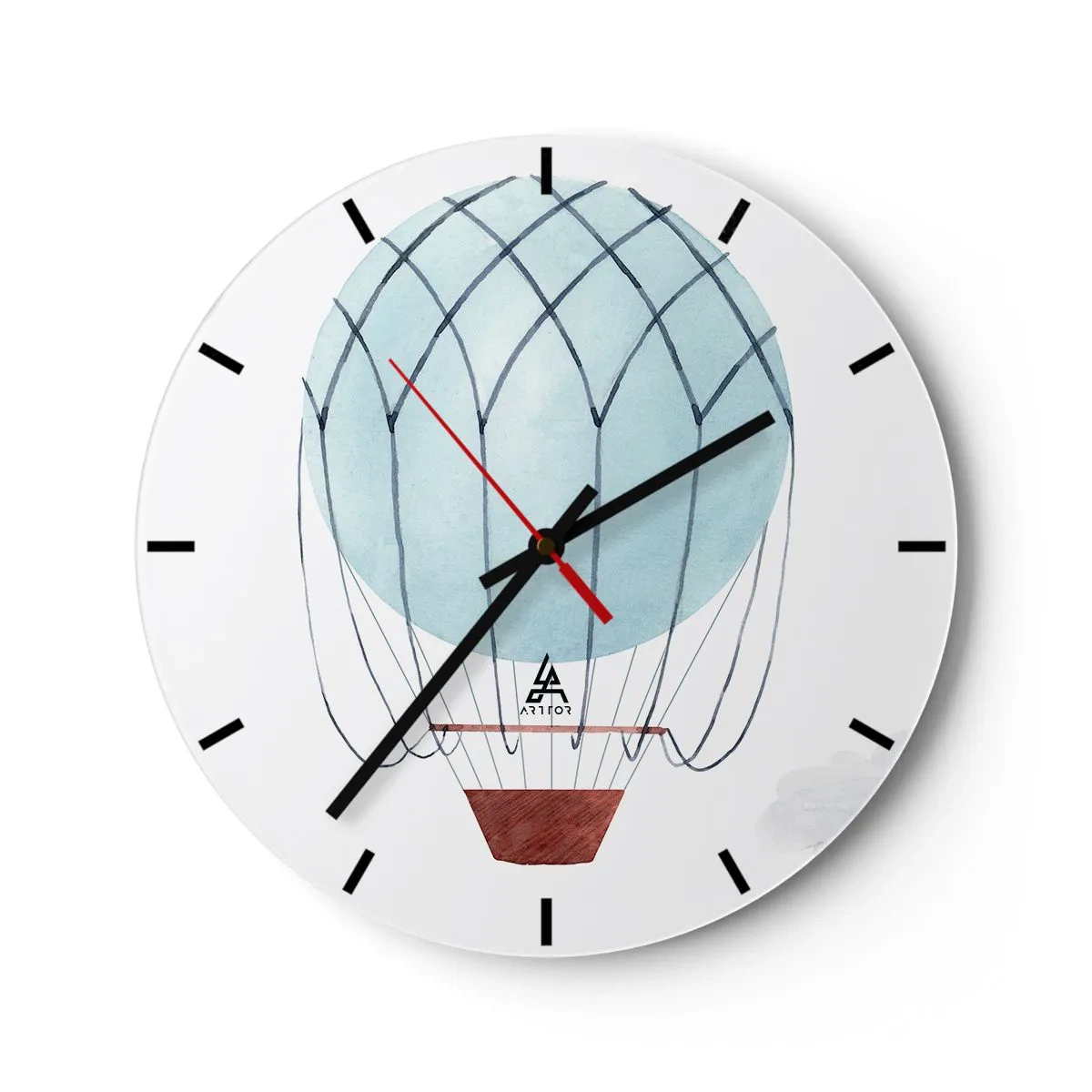 Väggklocka - Klocka på glas - Illustration av en blå ballong på vit bakgrund med en korg - 30x30cm - Hel i molnen - Modern väggdekoration för vardagsrum, kök och sovrum ARTTOR