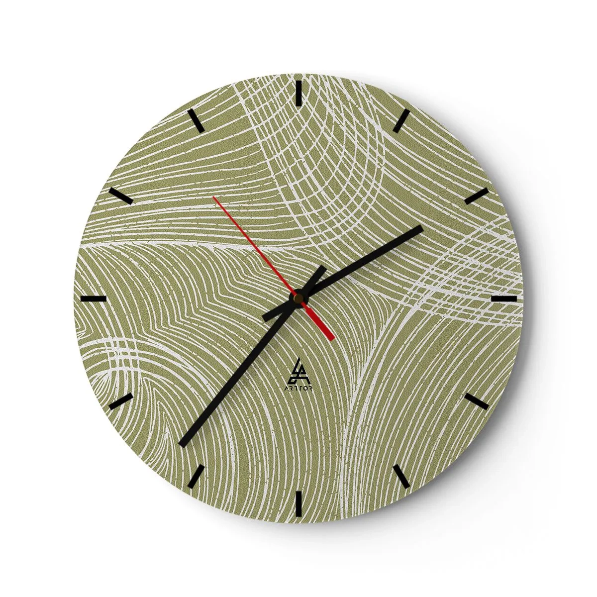 Väggklocka - Klocka på glas - En beige bakgrund med ett intrikat vitt mönster av linjer och bågar. - 30x30cm - Intrikat abstraktion i vitt - Modern väggdekoration för vardagsrum, kök och sovrum ARTTOR