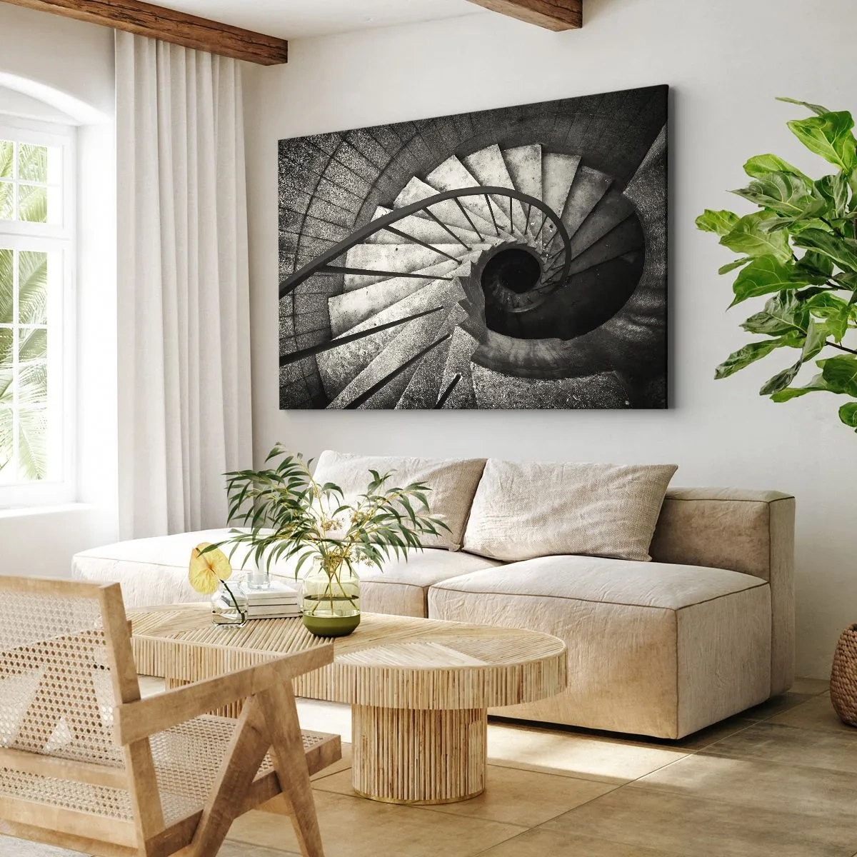 Canvastavla - Bild på duk - Svartvit spiraltrappa i modern stil - 70x50cm - Uppför trappan, nedför trappan - Modern väggdekoration för vardagsrum och sovrum ARTTOR