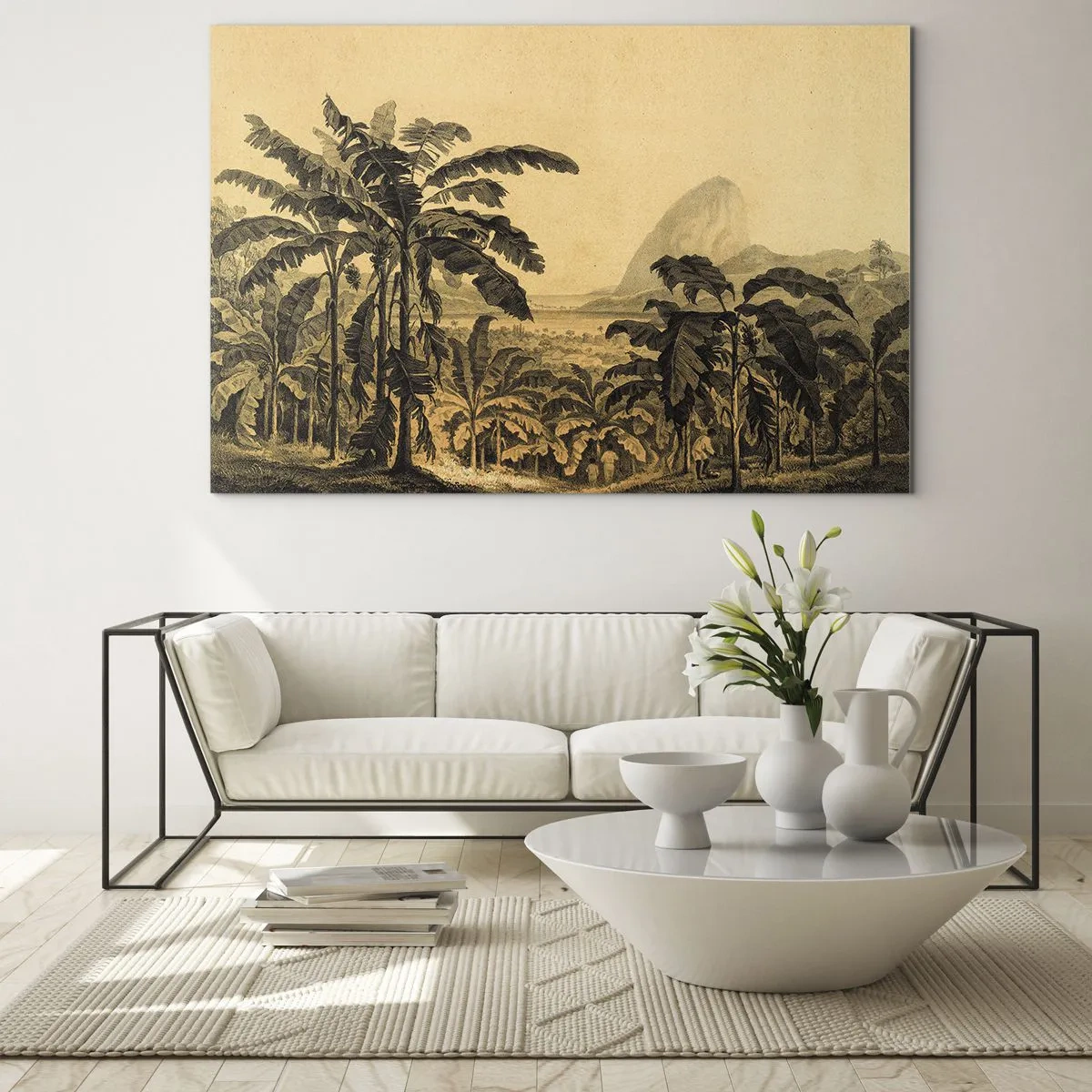 Glastavla - Bild på glas - En vintageillustration av en bananplantage med ett avlägset berg i bakgrunden. - 70x50cm - I kolonial stämning - Modern väggdekoration för vardagsrum och sovrum ARTTOR