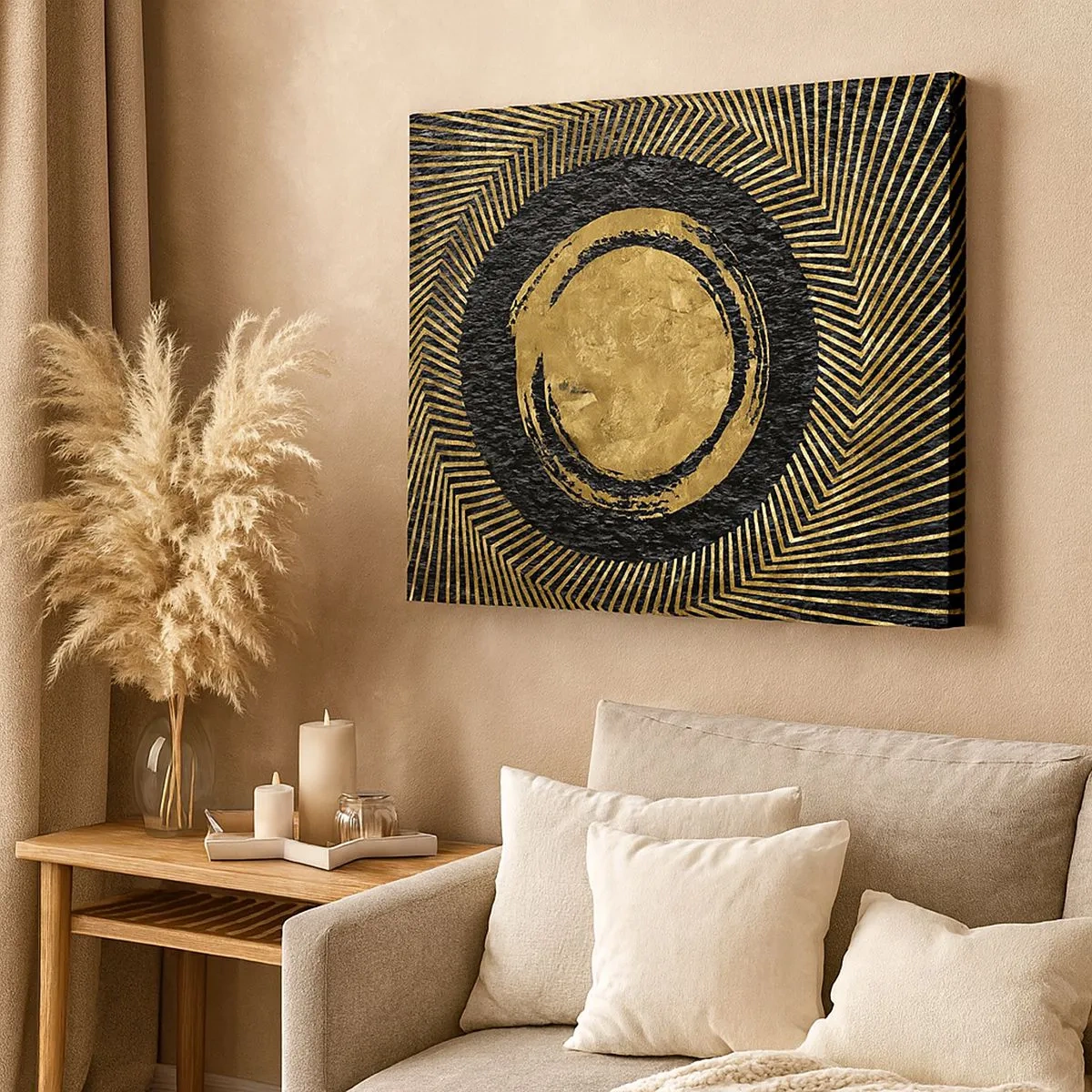 Canvastavla - Bild på duk - Geometrisk komposition i svart och guld med strålar - 70x50cm - Glamourös komposition - Modern väggdekoration för vardagsrum och sovrum ARTTOR