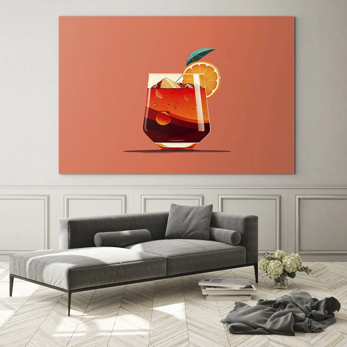 Glastavla - Bild på glas - En färgglad drink med apelsin på en varm persikobakgrund - 70x50cm - Sommarens förfriskning - Modern väggdekoration för vardagsrum och sovrum ARTTOR