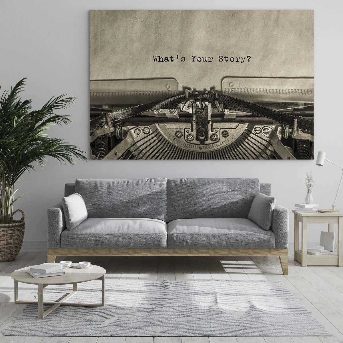 Glastavla - Bild på glas - Närbild av en skrivmaskin med texten "Vad är din historia?" - 70x50cm - Svara mig - Modern väggdekoration för vardagsrum och sovrum ARTTOR