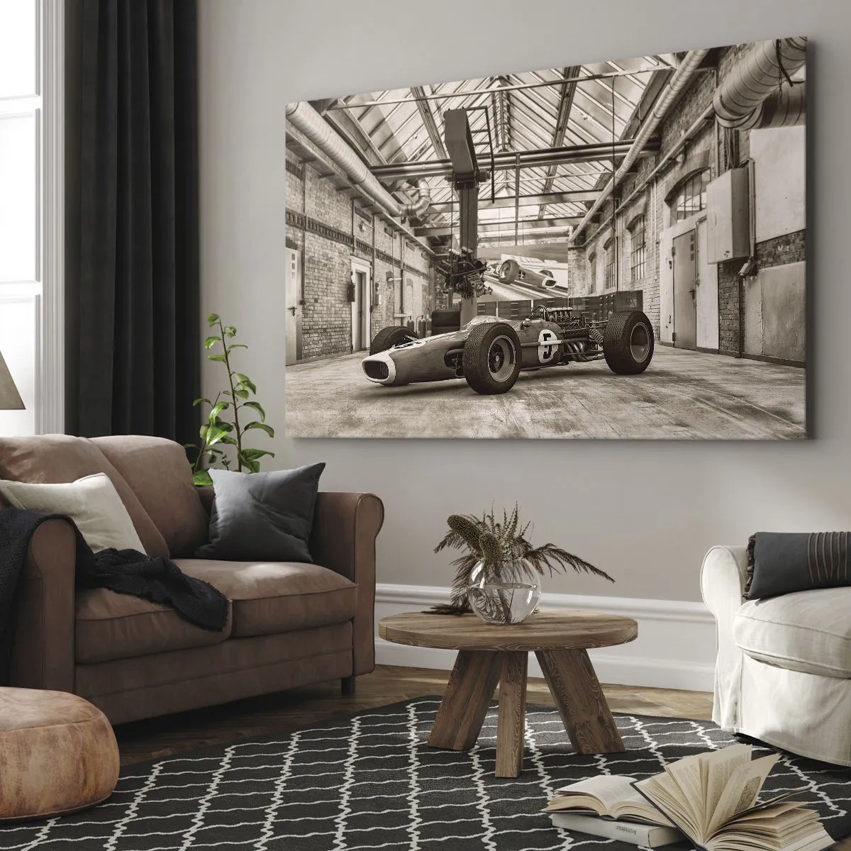 Canvastavla - Bild på duk - Svartvit racerbil i industriell interiör - 70x50cm - Segrarens vila - Modern väggdekoration för vardagsrum och sovrum ARTTOR