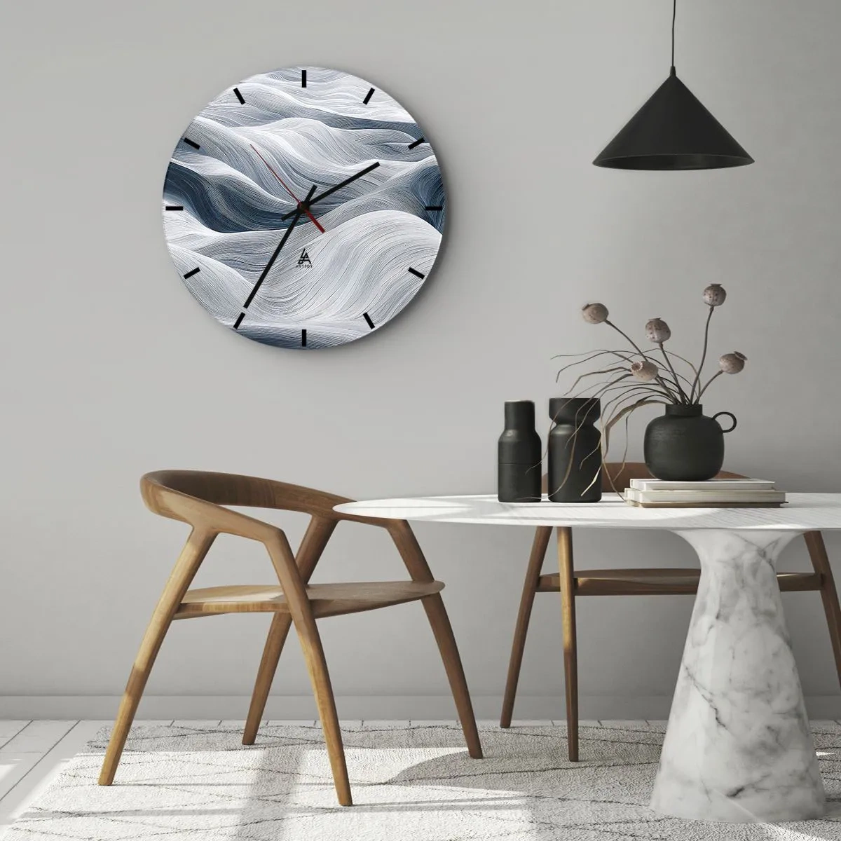 Väggklocka - Klocka på glas - Grafiska, vågiga linjer i vita och blå toner - 30x30cm - Vitblåa vågor - Modern väggdekoration för vardagsrum, kök och sovrum ARTTOR