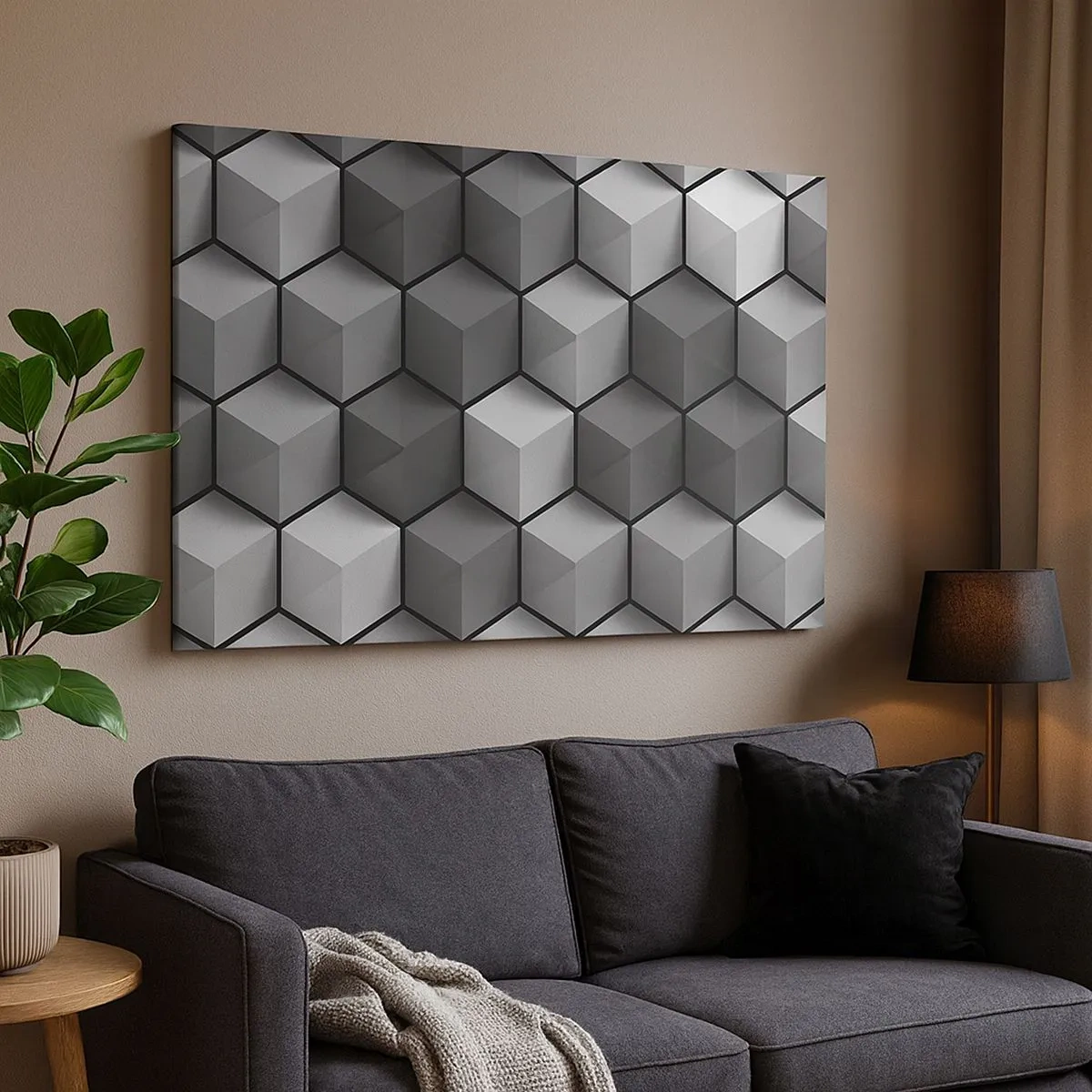 Canvastavla - Bild på duk - Geometrisk komposition av kuber i nyanser av grått och svart - 70x50cm - Kubistiskt pussel - Modern väggdekoration för vardagsrum och sovrum ARTTOR
