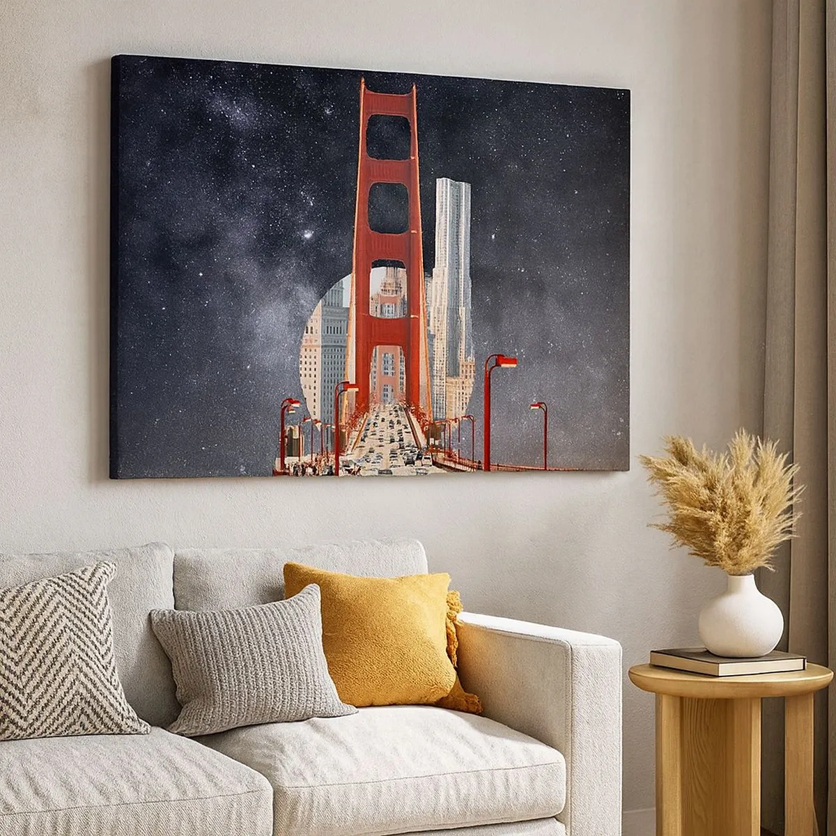 Canvastavla - Bild på duk - Golden Gate-bron med staden i bakgrunden mot en stjärnklar himmel - 70x50cm - Alltid i centrum - Modern väggdekoration för vardagsrum och sovrum ARTTOR