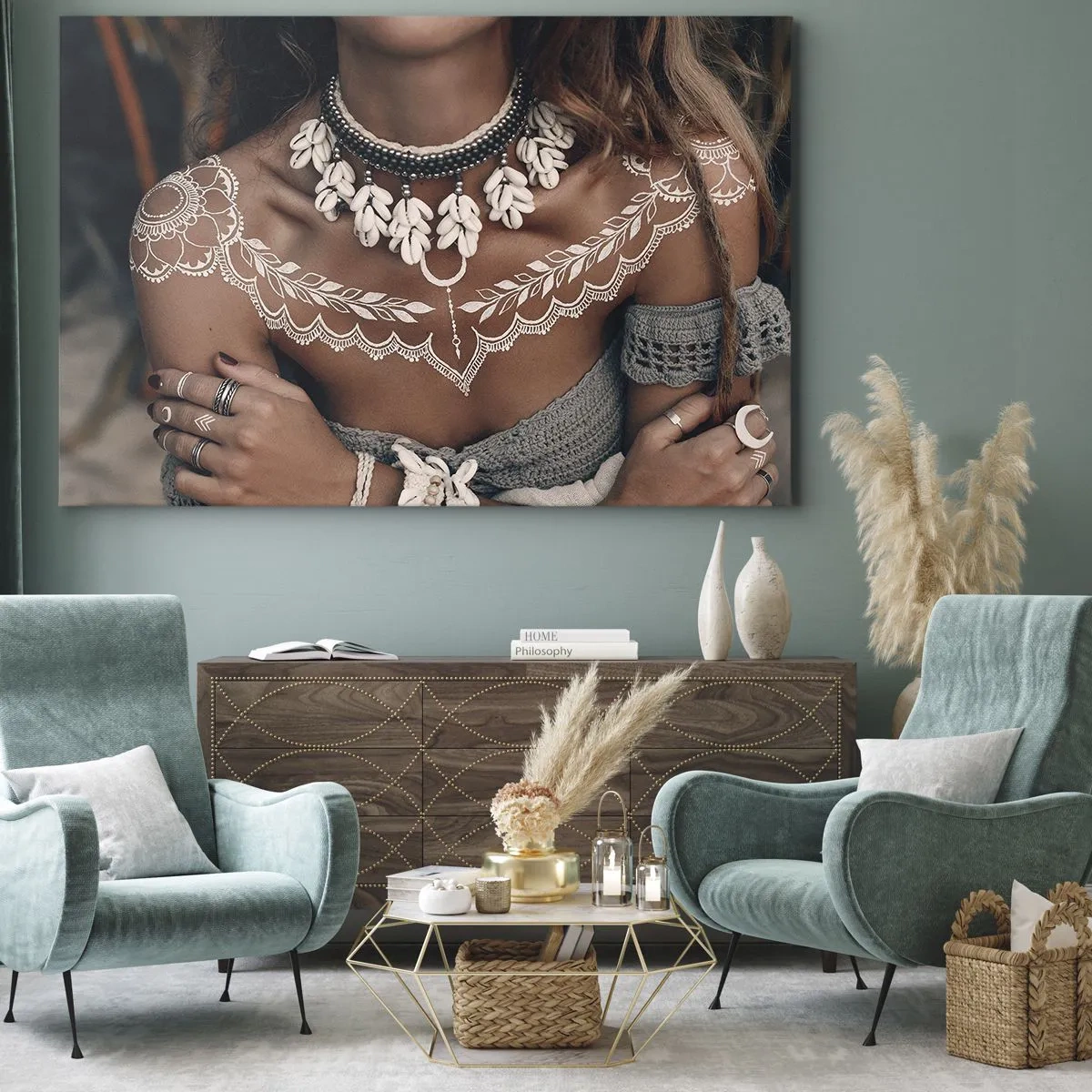 Canvastavla - Bild på duk - Boho-stil med snäcksmycken och spetsmönster - 70x50cm - Kvinnlighetens talismaner, ritualer - Modern väggdekoration för vardagsrum och sovrum ARTTOR