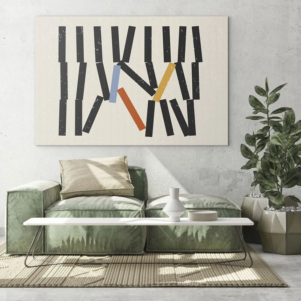 Glastavla - Bild på glas - En grafisk komposition stiliserad som dominobrickor med färgaccenter. - 70x50cm - Domino - komposition - Modern väggdekoration för vardagsrum och sovrum ARTTOR