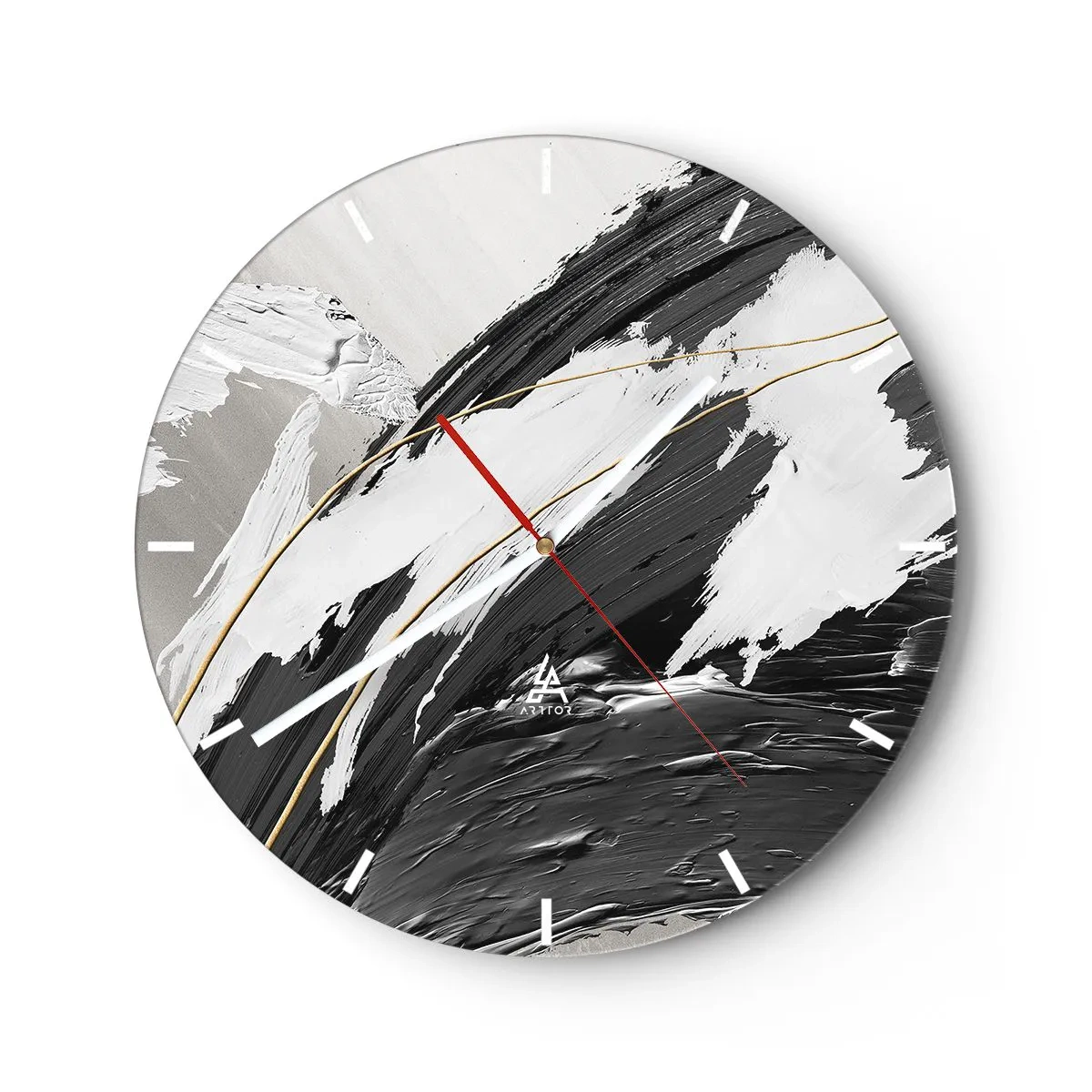 Väggklocka - Klocka på glas - Dynamiska penseldrag i svart, vitt och grått - 30x30cm - Storslagen abstraktion - Modern väggdekoration för vardagsrum, kök och sovrum ARTTOR