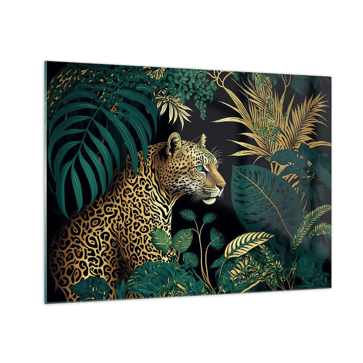 Glastavla - Bild på glas - En leopard bland tropiska löv på en mörk bakgrund - 70x50cm - Värden i djungeln - Modern väggdekoration för vardagsrum och sovrum ARTTOR