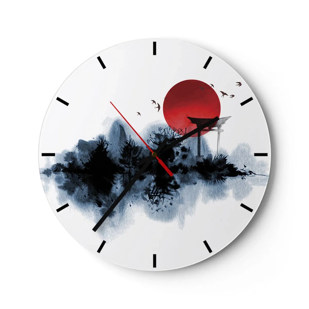 Väggklocka - Klocka på glas - En röd solboll och en toriiport i japansk stil över vatten - 30x30cm - Japansk utsikt - Modern väggdekoration för vardagsrum, kök och sovrum ARTTOR
