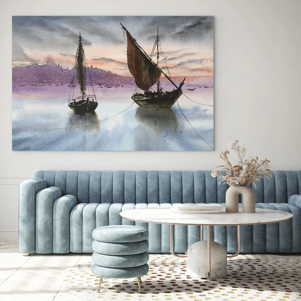 Glastavla - Bild på glas - Två segelbåtar på lugnt vatten vid solnedgången - 70x50cm - Kväll i hamnen - Modern väggdekoration för vardagsrum och sovrum ARTTOR