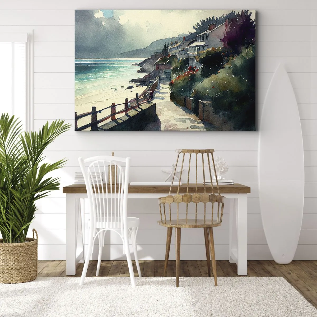 Canvastavla - Bild på duk - Strandpromenad med hus och vegetation - 70x50cm - Medelhavsstad - Modern väggdekoration för vardagsrum och sovrum ARTTOR