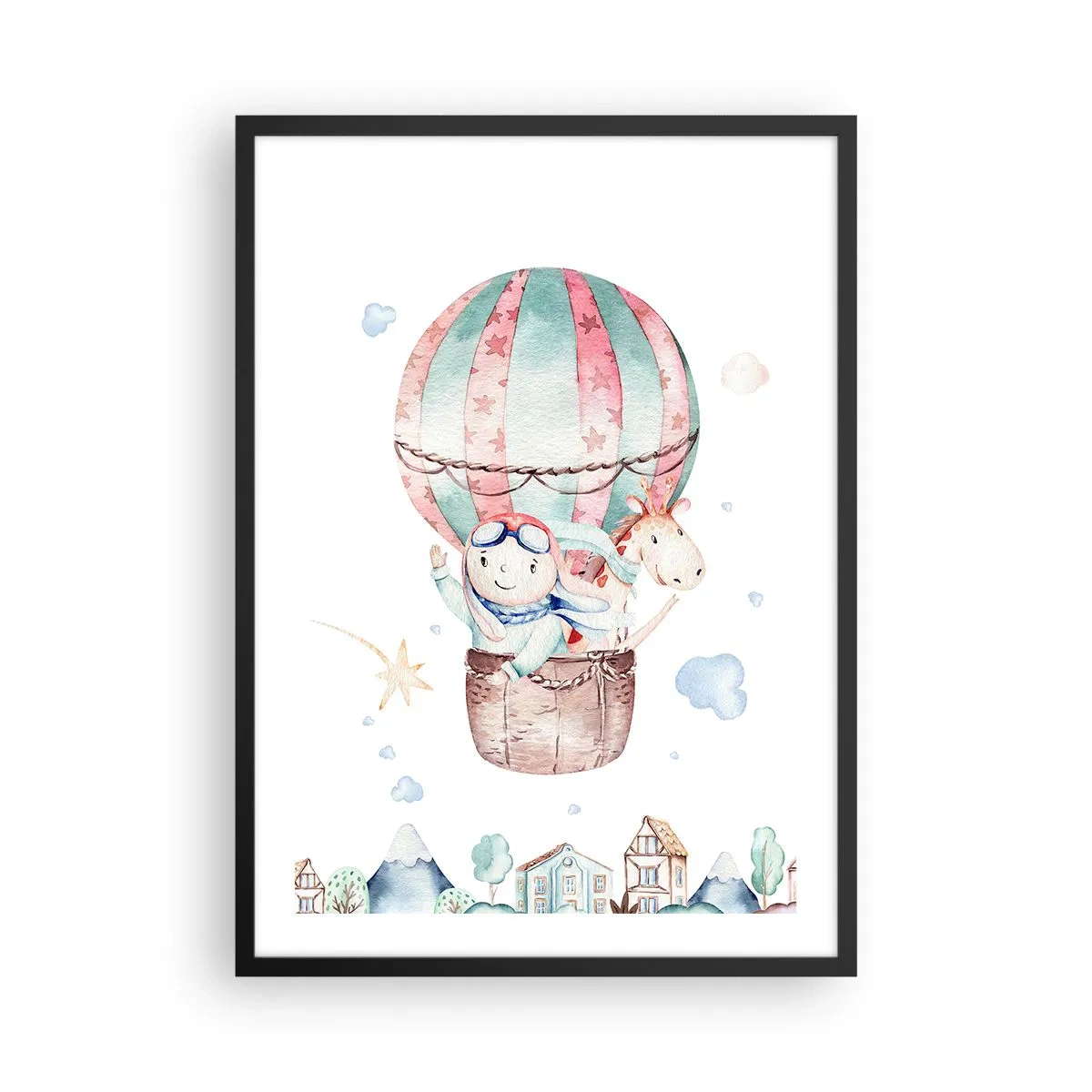 Affisch i svart ram - En söt illustration av en nallebjörn som flyger i en ballong över en stad - 50x70cm - Vi är snart tillbaka! - Modern väggdekoration för vardagsrum och sovrum ARTTOR