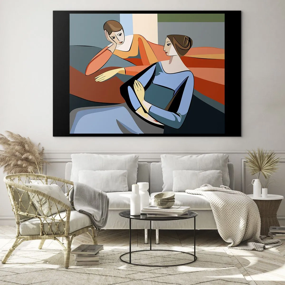 Glastavla - Bild på glas - En geometrisk scen av ett samtal mellan två kvinnor mot bakgrund av en interiör. - 70x50cm - Ett ögonblick av förtrolighet - Modern väggdekoration för vardagsrum och sovrum ARTTOR