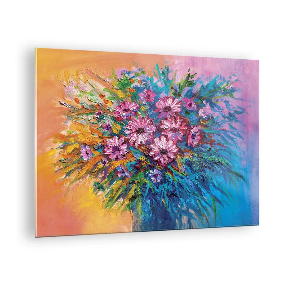 Glastavla - Bild på glas - En bukett rosa blommor i en konstnärlig, färgglad komposition - 70x50cm - Livets energi - Modern väggdekoration för vardagsrum och sovrum ARTTOR