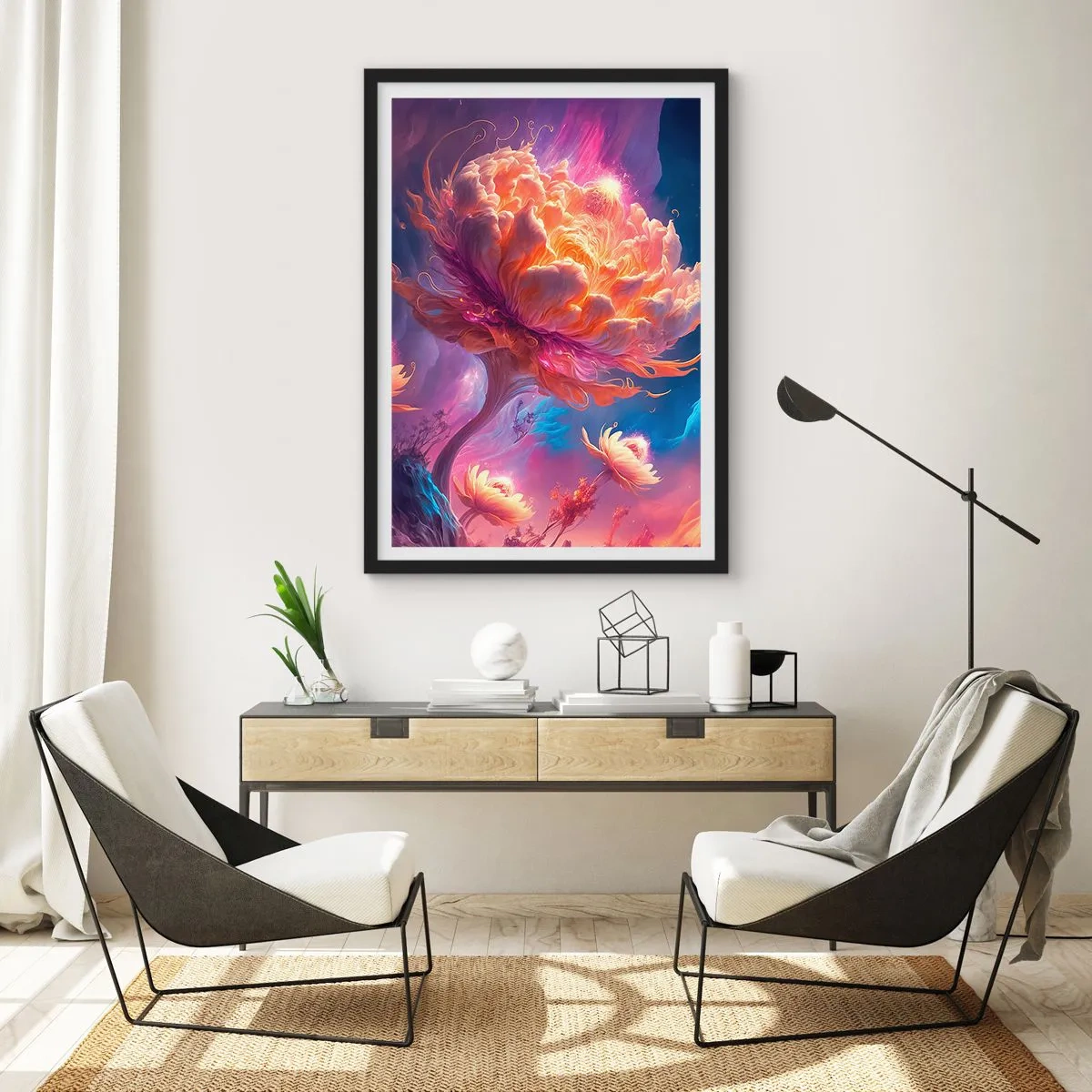 Affisch i svart ram - Ett fantastiskt träd i form av en blommande blomma - 50x70cm - En annan värld - Modern väggdekoration för vardagsrum och sovrum ARTTOR