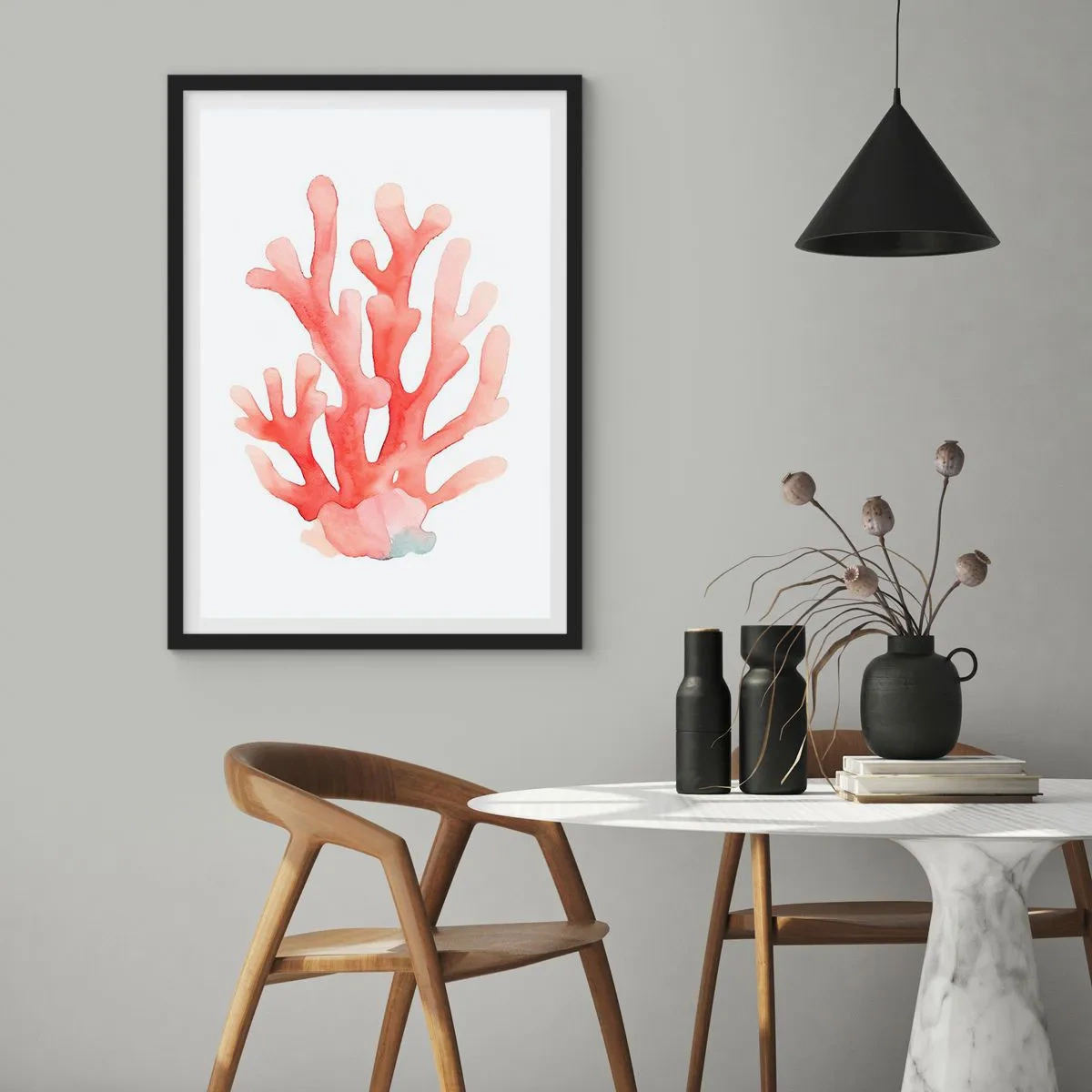 Affisch i svart ram - Akvarell illustration av röd korall på vit bakgrund - 50x70cm - Korallfärgad korall - Modern väggdekoration för vardagsrum och sovrum ARTTOR