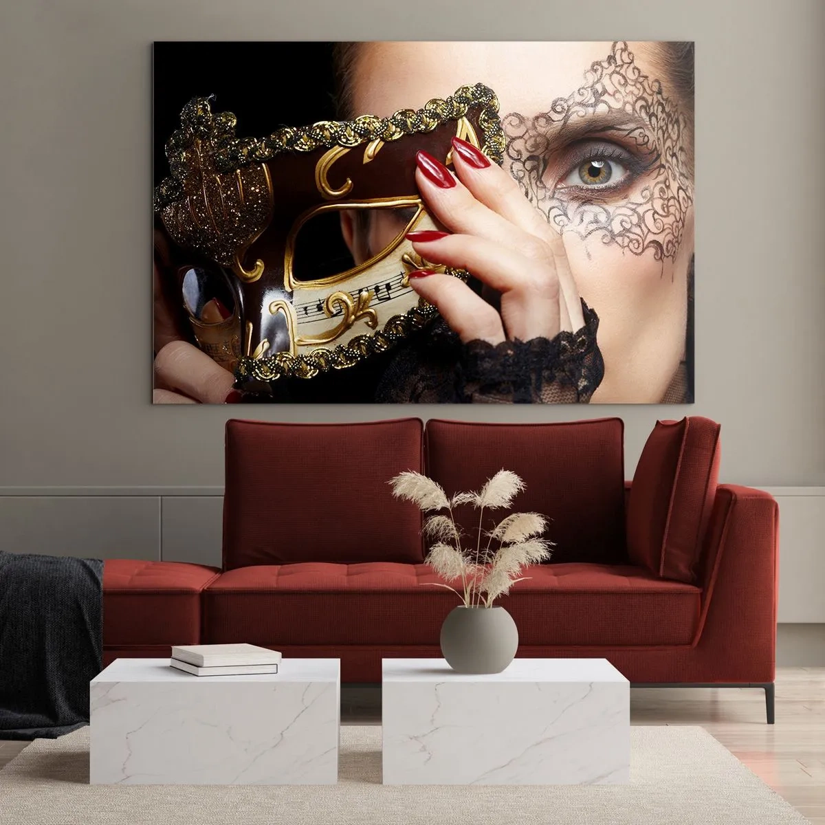 Glastavla - Bild på glas - En gyllene venetiansk mask på en kvinnas ansikte - 70x50cm - Min värld är från barock - Modern väggdekoration för vardagsrum och sovrum ARTTOR