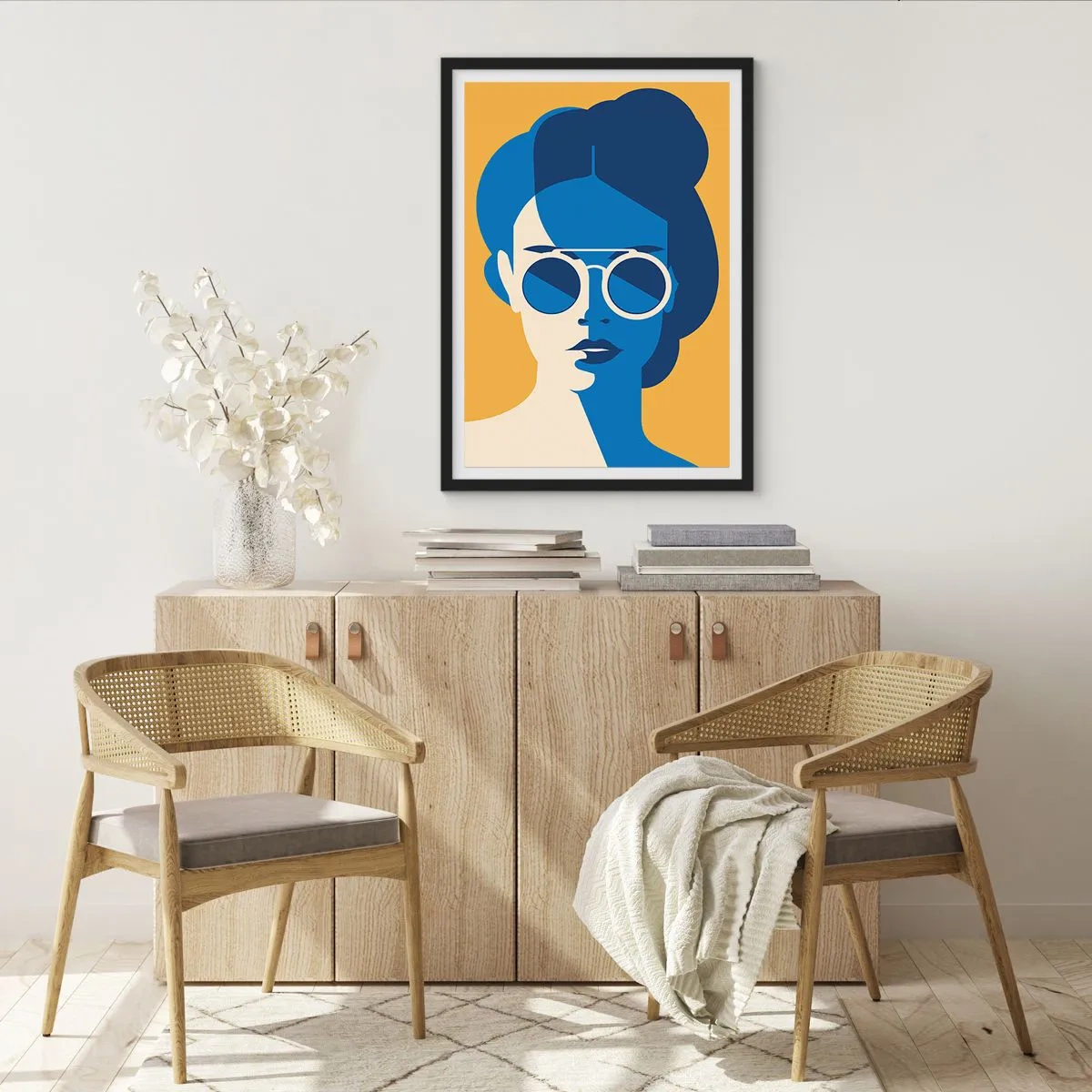 Affisch i svart ram - Abstrakt porträtt av en kvinna som bär solglasögon - 50x70cm - Semesterlook - Modern väggdekoration för vardagsrum och sovrum ARTTOR