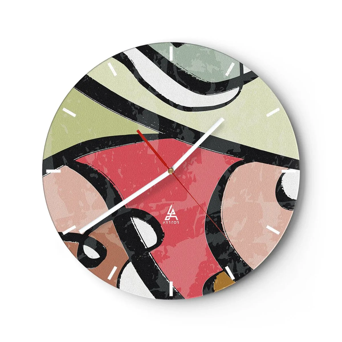 Väggklocka - Klocka på glas - Färgglada abstrakta former i pastellfärger - 30x30cm - Pirouetter bland färger - Modern väggdekoration för vardagsrum, kök och sovrum ARTTOR