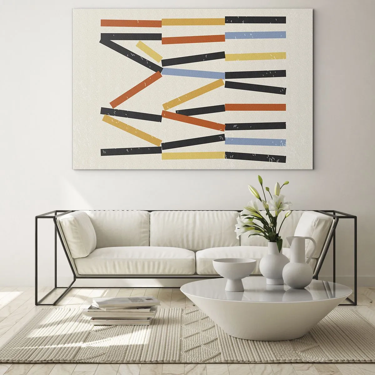 Glastavla - Bild på glas - Färgglad abstraktion av horisontella och diagonala ränder på en ljus bakgrund - 70x50cm - Horisontell komposition - Modern väggdekoration för vardagsrum och sovrum ARTTOR