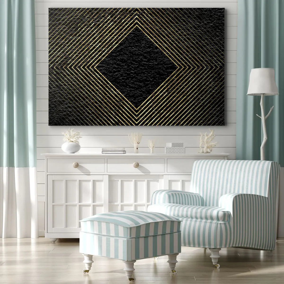 Canvastavla - Bild på duk - Svart bakgrund med ett geometriskt mönster av gyllene linjer - 70x50cm - Geometri i glamourstil - Modern väggdekoration för vardagsrum och sovrum ARTTOR