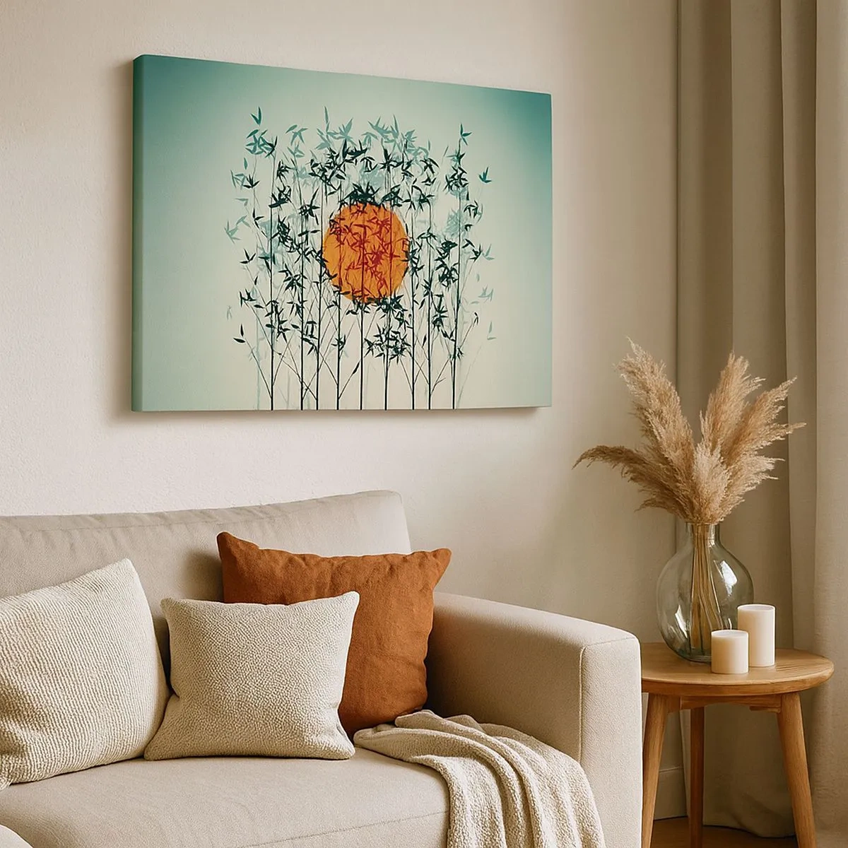 Canvastavla - Bild på duk - Orange sol bland bambugrenarna - 70x50cm - Japansk sol - Modern väggdekoration för vardagsrum och sovrum ARTTOR