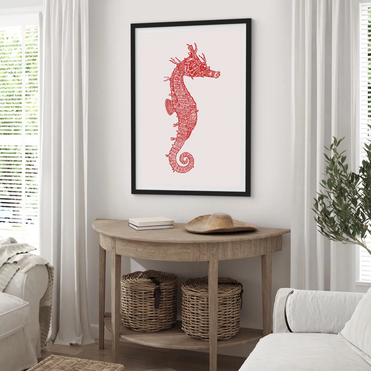 Affisch i svart ram - Röd steampunk sjöhäst på en ljus bakgrund - 50x70cm - En intrikat varelse - Modern väggdekoration för vardagsrum och sovrum ARTTOR