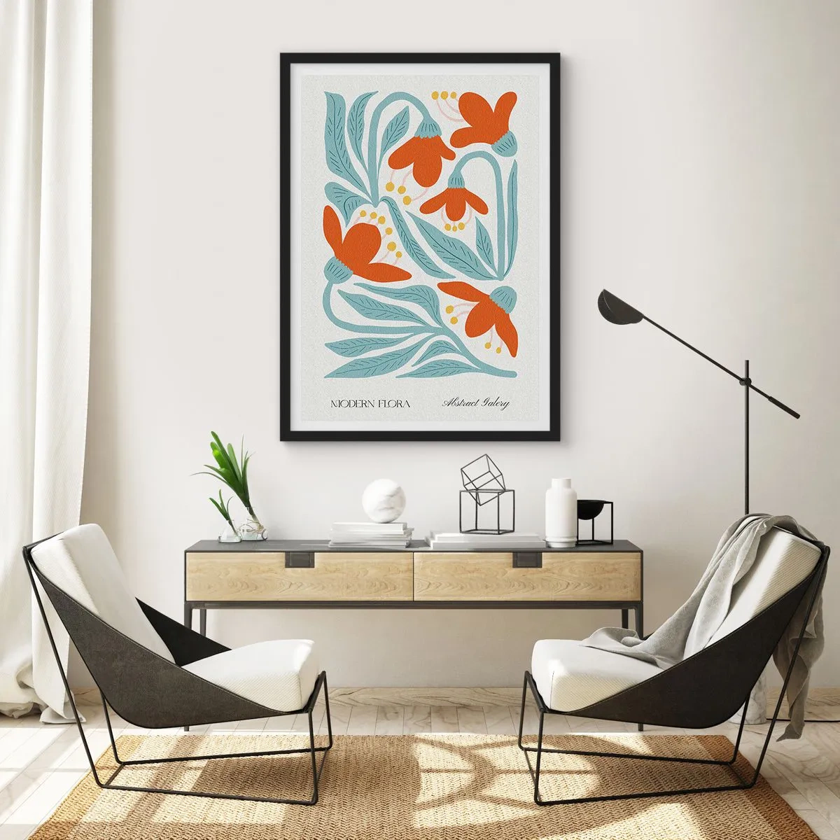 Affisch i svart ram - Dekorativa blommor i nyanser av orange och blått - 50x70cm - Mot jorden, mot solen - Modern väggdekoration för vardagsrum och sovrum ARTTOR
