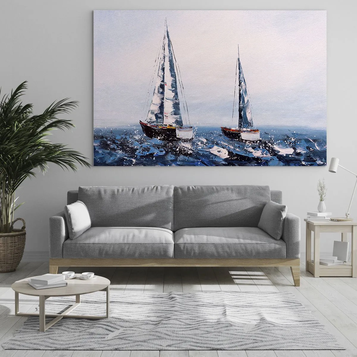 Glastavla - Bild på glas - Två yachter på ett stormigt hav i impressionistisk målerisk stil. - 70x50cm - Vindens broderskap - Modern väggdekoration för vardagsrum och sovrum ARTTOR