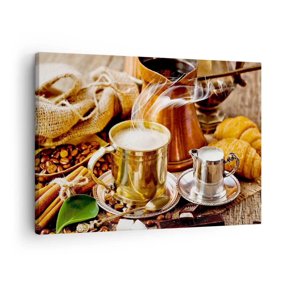Canvastavla - Bild på duk - En gyllene mugg kaffe omgiven av bönor, kannor och croissanter - 70x50cm - Ha en trevlig dag! - Modern väggdekoration för vardagsrum och sovrum ARTTOR