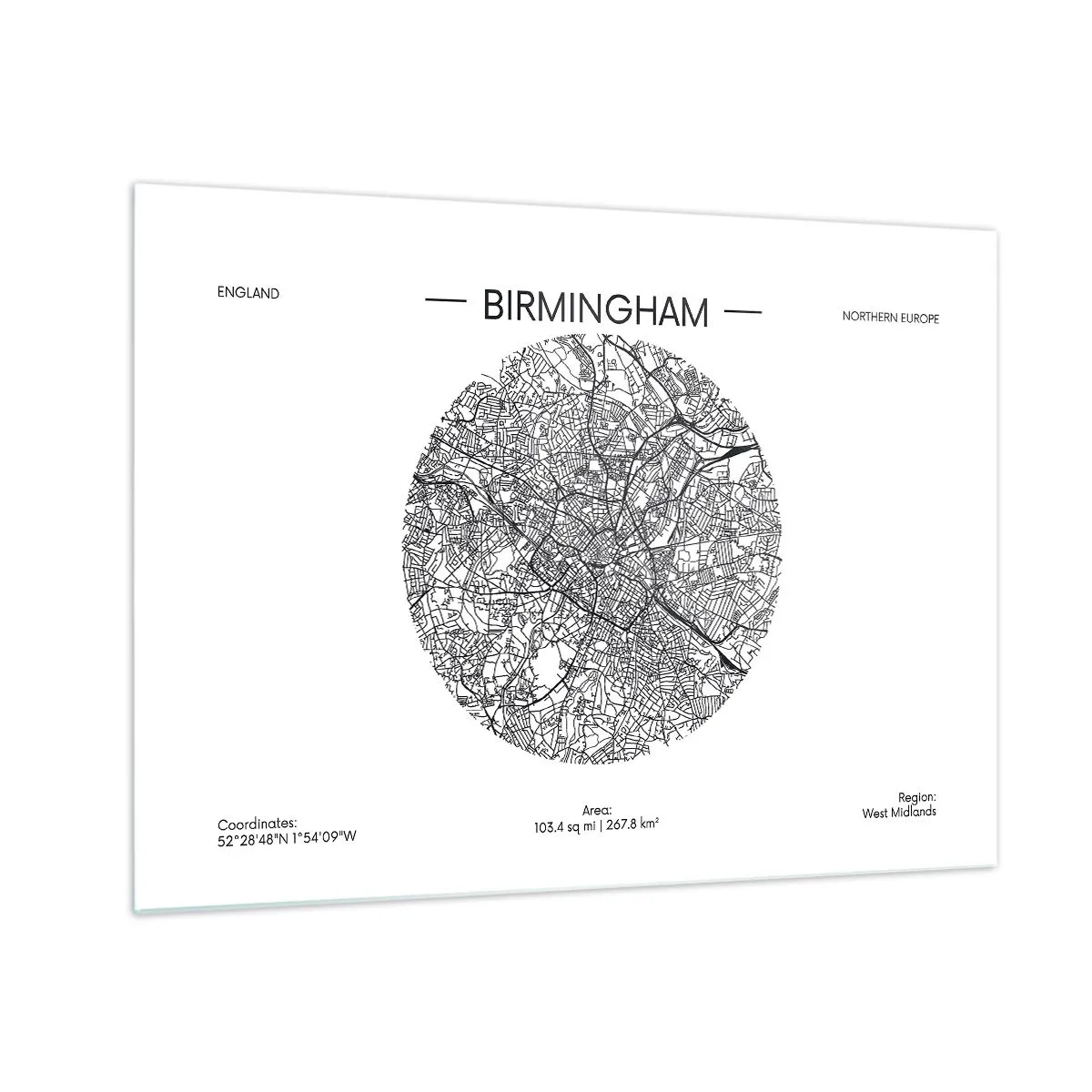 Glastavla - Bild på glas - Svartvit karta över Birmingham i modern grafisk stil - 70x50cm - Birminghams anatomi - Modern väggdekoration för vardagsrum och sovrum ARTTOR