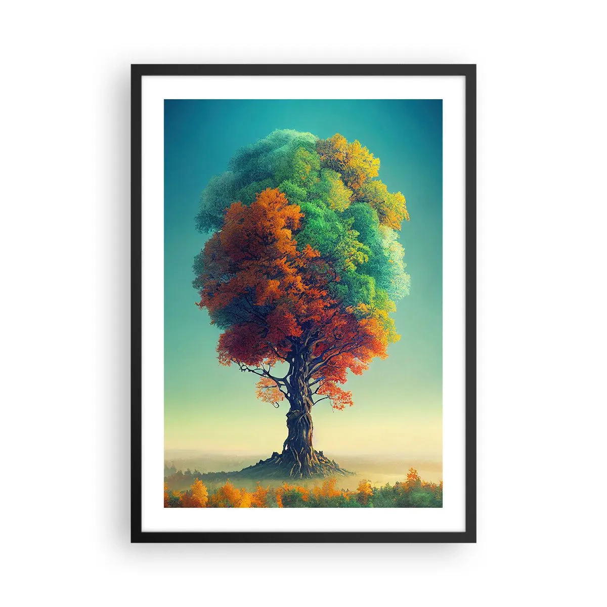 Affisch i svart ram - Ett träd i de fyra årstidernas färger - 50x70cm - Eken - naturens fader - Modern väggdekoration för vardagsrum och sovrum ARTTOR